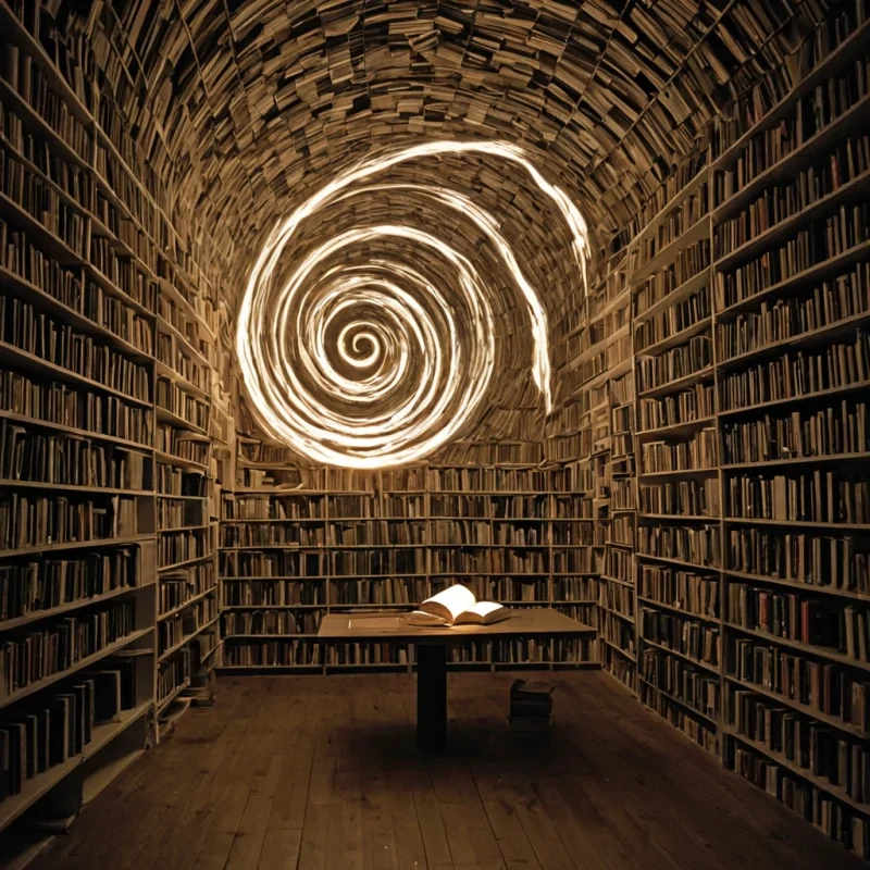 A single, selfigniting filament of liquidized moonlight coils through the hollow core of a floating, inverted library built from the fused remains of a thousand unread books that never held words, its strands not fibrous but spun from the chromatic residue of a page turned in a language that never existed. The filament does not burnit unburns with each breath, retracting a millennium of luminescence into its core, condensing into a dense, silver spiral that resonates with the harmonic frequency of a story whispered in silence between two constellations that never aligned. The librarys shelves are not woodthey are layered sheets of petrified silence, each etched with the thermal afterimage of a title that never formed, their