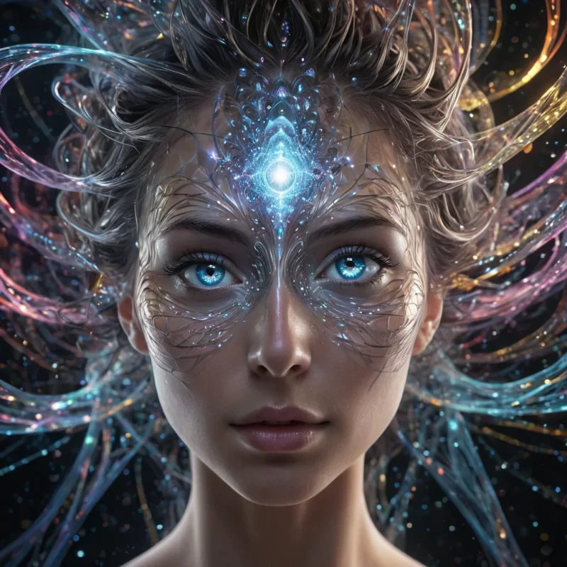 A hyperrealistic, 4K, ultra HD portrait of a quantum shapeshifter, their form fluid and everchanging, shifting between human and abstract geometric patterns. Their eyes, a swirling vortex of prismatic light, hold the secrets of the multiverse. The shapeshifters hair, a cascade of shimmering quantum strings, gently pulses with an ethereal glow. The background is a surreal, holographic landscape of swirling, fractal dimensions, with distant parallel universes and quantum phenomena casting a soft, iridescent glow. Cinematic lighting accentuates the shapeshifters enigmatic features, while a subtle bokeh effect blurs the cosmic backdrop, creating an enchanting atmosphere.