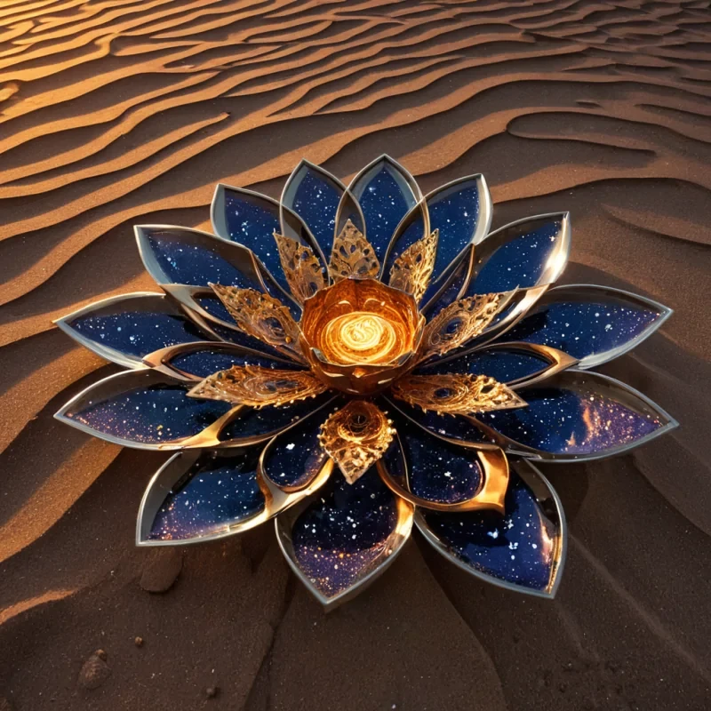 A colossal, sentient clockwork lotus blooms in the center of a floating, crystalline desert suspended between two dying stars, its petals forged from interwoven gears and polished chrome, each one pulsing with a soft, golden luminescence that casts long, shifting shadows across the dunes of solidified light. The desert itself is composed of fine, glittering sand that refracts the dim stellar glow into a kaleidoscope of amber, rose, and deep sapphire, swirling in slow, hypnotic patterns as if carried by an invisible wind. Around the lotus, dozens of tiny, winged automatacrafted from fused glass and stardustdance in perfect harmony, their movements synchronized to the ticking of the lotus