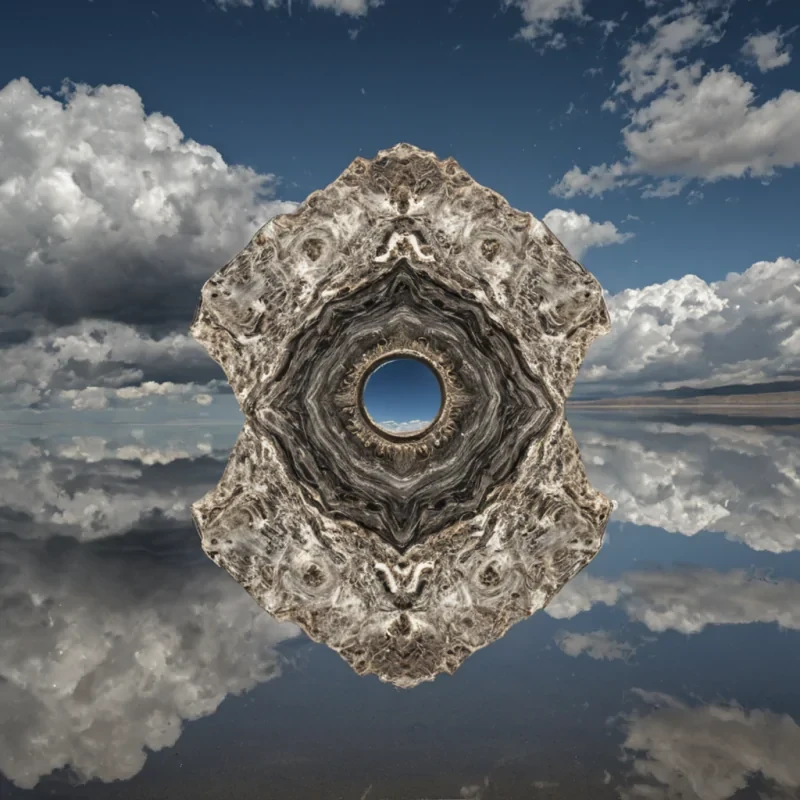 A single, selffragmenting mirror of inverted reflection, shaped like a 5dimensional kaleidoscope of unformed identity and reversed perception, floats at the center of a vast, inverted sky of solidified shadoweach cloud carved from the petrified afterimage of a gaze never returned, a glance never acknowledged, a face never seen in a civilization that measured selfhood not by recognition, but by the duration of synchronized, breathless invisibility held just before the first eye was ever permitted to open in a world where sight was not forbidden, but never required. The mirror does not reflectit unsees, each shattering facet shedding a layer of visual potential that never coalesced into a shared likeness, reforming into ephemeral