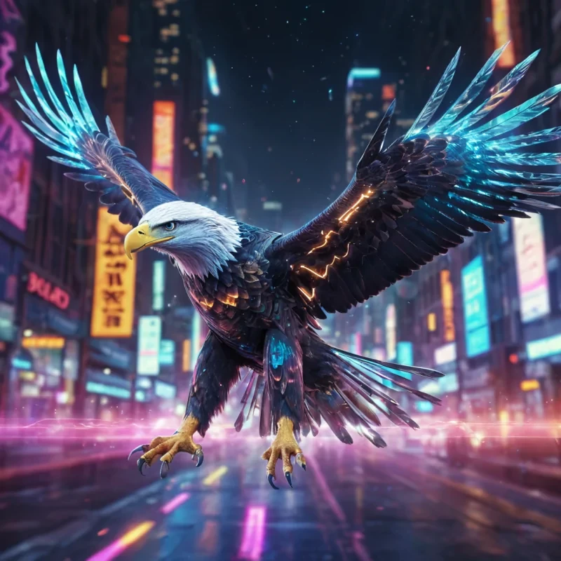 A cybernetic eagle soaring through a cityscape of neon holograms, its wings leaving trails of stardust, hyperrealistic, ultra HD, cinematic lighting, volumetric lighting, atmospheric effects, dynamic lighting, bokeh effect, soft focus, lens flare, vibrant colors, detailed textures.