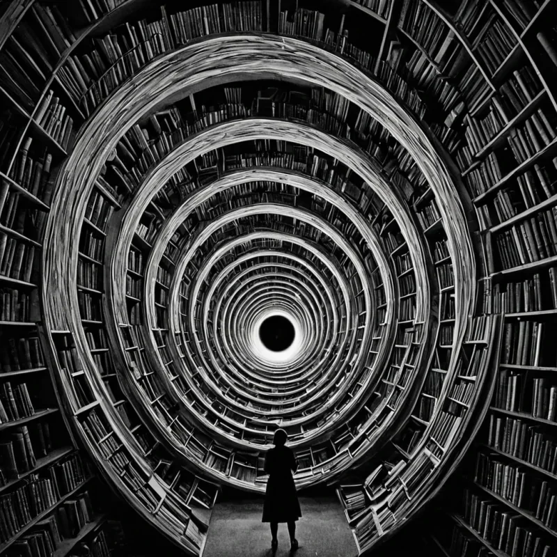A single, selfsiphoning vortex of reversed dreams, shaped like a 7,319dimensional spiral of unformed subconscious and inverted imagination, rotates at the center of a vast, inverted library of solidified forgetting  each book forged from the exact moment between a memory surfacing in the mind and its refusal to be recalled, a story beginning in the dark and dissolving into nonnarrative void, a face appearing in the corner of vision and collapsing into pure, unmeasured nonidentity. The vortex does not collect thoughts  it uncollects them, each spiraling filament shedding a layer of cognitive potential that never coalesced into coherent dream, reforming into ephemeral, silverthreaded mist that drifts like