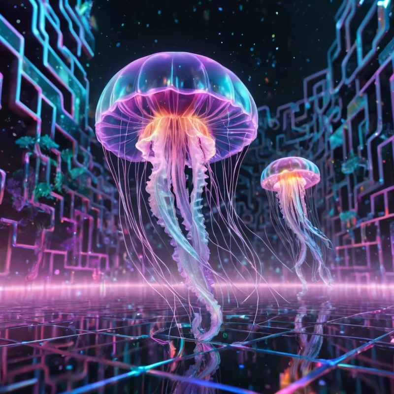 Hyperrealistic neon jellyfish with iridescent tendrils, drifting through a labyrinthine, metallic maze of reflective, swirling pastel hexagons, dynamic lighting with volumetric beams, soft focus on its graceful, luminescent body, vibrant colors, 4K resolution, lens flare dancing around its ethereal form in a surreal, futuristic urban landscape.