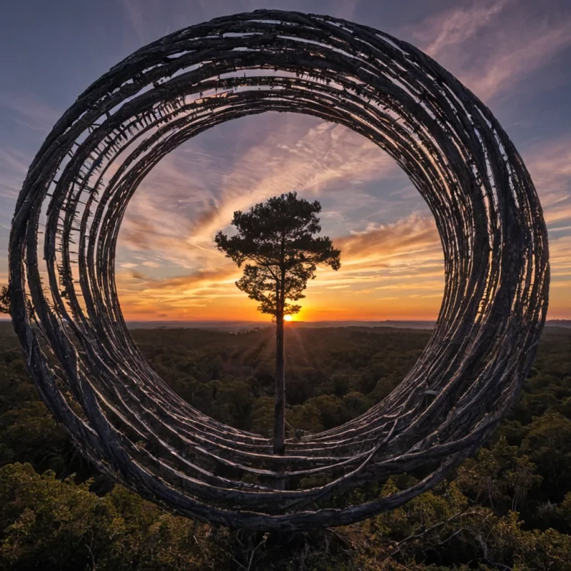 A single, selfigniting filament of compressed dawn, shaped like a 3dimensional helix of inverted light and unformed morning, drifts through the center of a vast, inverted skyforest composed of the petrified sunrises of a civilization that measured hope not by words, but by the duration of synchronized, silent breaths held just before the first ray was ever allowed to pierce the horizon in a world that never knew night. The filament does not burnit undawns, each spiral shedding a layer of luminous potential that never coalesced into a shared sunrise, reforming into ephemeral, amethystthreaded afterimages shaped like the negative space between two hands that never reached toward the same horizon in the