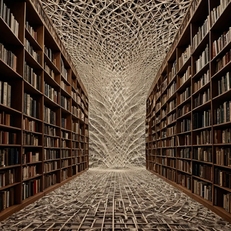 A single, selfunfolding fractal of reversed language, shaped like a 1,000,000,001dimensional lattice of unformed syntax and inverted meaning, drifts through the center of a vast, inverted library of solidified silence  each bookshelf carved from the exact moment between a word being spoken and its refusal to be understood, a sentence forming and dissolving into nonsemantic dust, a story being written and collapsing into pure, unmeasured abstraction. The lattice does not convey thought  it unconveys it, each shimmering thread shedding a layer of linguistic potential that never coalesced into shared understanding, reforming into ephemeral, iridescent afterimages shaped like the negative space between