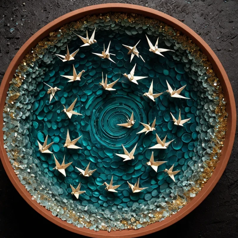 A topdown, macrophotography shot of a circular, shallow basin filled with a viscous, iridescent liquid that resembles crushed opal and mercury, swirled into a perfect, hypnotic spiral. Floating on the surface are dozens of miniature, intricate origami cranes made from thin sheets of translucent, heattreated bamboo, each one glowing with a soft, internal amber warmth that contrasts with the cool, teal undertones of the fluid. The liquids surface tension is visible, creating a sharp, highcontrast meniscus where it meets the rim of the basin, which is constructed from rough, unglazed terracotta clay with visible, dried cracks filled with fine, glittering gold leaf. The lighting is diff