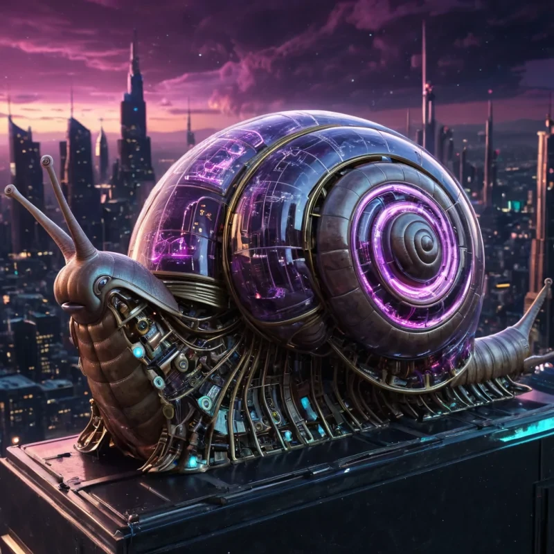 A colossal, ancient, mechanical snail, its metallic shell adorned with intricate, pulsating neon circuits, inches through a stormy, amethyst nebula. Within its transparent, bioluminescent body, a labyrinthine, neonlit cityscape sprawls, its towering, glass spires casting ephemeral shadows on the citys sentient, robotic inhabitants. Rendered in ultra HD, with dynamic lighting, atmospheric effects, and vibrant colors, evoking a sense of surreal, otherworldly wonder at this celestial, mechanical marvel.