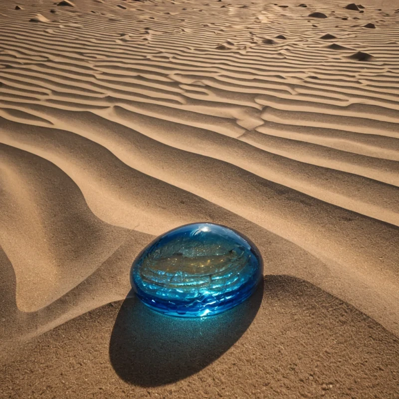 A hyperrealistic, wideangle low shot of a vast, arid landscape composed entirely of smooth, undulating dunes of crushed, iridescent blue glass shards that glint under a harsh, highnoon sun. Rising from the center of the dunes is a colossal, spiraling tower constructed from stacked, translucent panes of smoked quartz, each pane etched with fine, goldleaf circuitry that pulses with faint, rhythmic amber light. The air is still and shimmering with heat haze, distorting the horizon into wavy, abstract lines. In the immediate foreground, a single, sleek vehicle shaped like a teardrop made of polished white ceramic rests quietly on the glass sand, its surface reflecting the sharp,