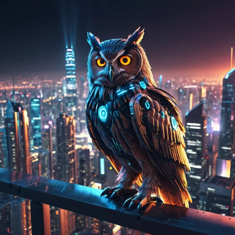A neonlit, cybernetic owl perched on a futuristic skyscrapers edge, watching over a bustling cityscape at night, hyperrealistic, Ultra HD, cinematic lighting, volumetric lighting, atmospheric effects, lens flare, vibrant colors, detailed textures.