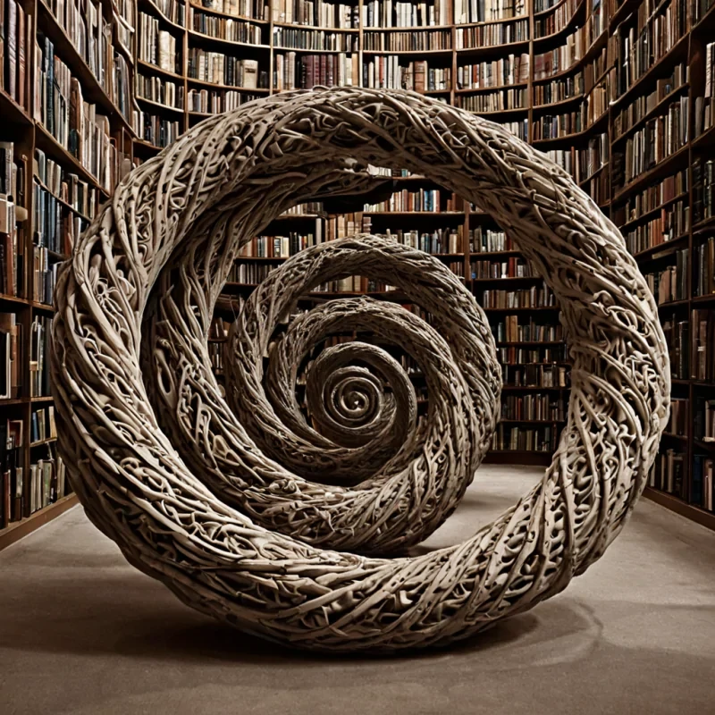 A single, selfrewriting knot of solidified silence, shaped like a 37dimensional helix of inverted language and unformed syntax, pulses at the center of a vast, inverted library constructed from the petrified breaths of a civilization that measured knowledge through the duration of synchronized, silent pauses held just before the first word was ever allowed to be spoken. The knot does not unwriteit unthinks, each twist shedding a layer of linguistic potential that never coalesced into a shared meaning, reforming into ephemeral, amethystveined afterimages shaped like the negative space between two tongues that never articulated the same syllable in the same moment of mutual stillness. The library is not made of booksit