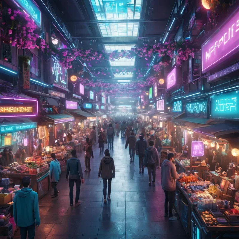 A bustling, neonlit cybernetic marketplace filled with holographic vendors, robotic patrons, and levitating, iridescent market stalls, hyperrealistic, 8K, cinematic lighting, volumetric lighting, atmospheric effects, dynamic lighting, bokeh effect, soft focus, lens flare, vibrant colors, detailed textures.