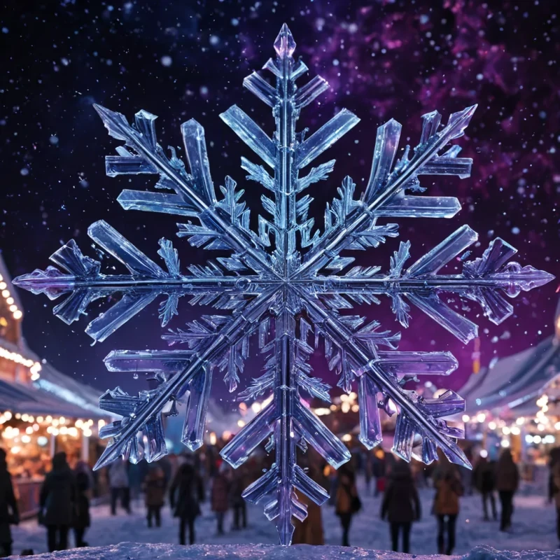 A hyperrealistic, extreme closeup shot of a single, perfect snowflake captured in midfall against the backdrop of a vast, starfilled nebula rendered in deep indigo and violet hues. The intricate hexagonal structure of the ice crystal is not white, but composed of translucent, layered sheets of frozen gold leaf that refract the ambient light into shimmering, prismatic flares. Suspended within the delicate arms of the snowflake are tiny, glowing orbs of liquid mercury, each reflecting a miniature, hyperdetailed scene of a bustling, futuristic marketplace with neonlit stalls and crowds of ethereal figures. The lighting is dramatic and cinematic, with sharp rim lighting highlighting the metallic texture of the ice and the smooth, reflective surfaces
