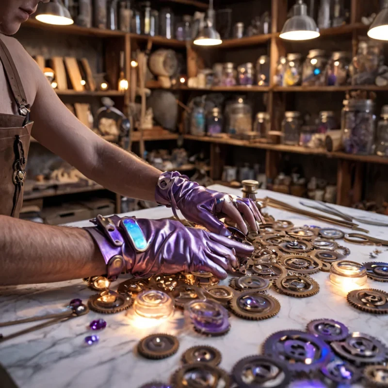 A macro, photorealistic closeup of a solitary artisans hands working within a cavernous studio constructed from woven, translucent silk ribbons that filter sunlight into soft, pastel hues of peach and lavender. The artisan wears fingerless gloves made of warm, tan leather and is meticulously assembling a delicate, floating clockwork mechanism composed of interlocking brass gears and shards of iridescent mica. The workbench is a smooth, polished slab of white marble, scattered with tiny, glowing gemstones and spools of silver thread. In the blurred background, shelves lined with glass jars containing suspended, colorful liquid nebulae create a dreamlike, bokehrich atmosphere. The lighting is warm and directional, highlighting the intricate textures of the leather, the metallic
