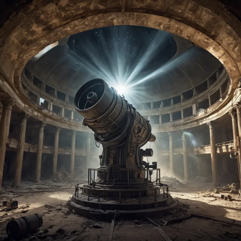 In the heart of a hyperrealistic, abandoned, subterranean observatory, a colossal, ancient, mechanical telescope, intricately detailed and textured, awakens from its slumber. Volumetric lighting from unseen sources casts dramatic shadows, as the telescopes colossal, cinematic lens scans the crumbling, labyrinthine architecture. Atmospheric dust devils swirl in the soft, pastel glow, while lens flare from a distant, flickering star accentuates the telescopes enigmatic, otherworldly gaze.