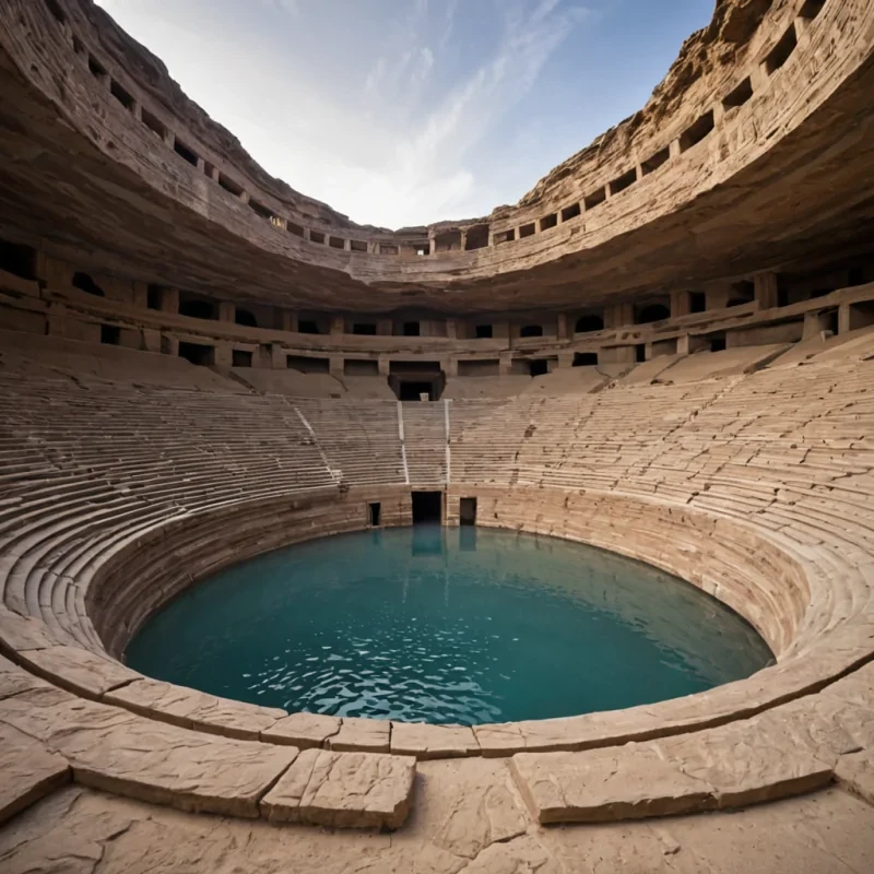 A groundlevel, wideangle perspective of a serene, circular amphitheater carved directly into the side of a towering cliff face composed of layered, striated turquoise and rustcolored sandstone. The seating tiers are made of smooth, pale beige stone, occupied by a sparse audience wearing minimalist, flowing garments in shades of sage, cream, and dusty rose. At the center of the arena, a large, shallow basin of still, dark water reflects the sky above, serving as a stage for a performance by three translucent, humanoid figures made entirely of swirling, mistlike vapor that shifts in color from soft pink to deep violet. The figures are illuminated by slender, vertical beams of sunlight piercing through a gap in the cliff overhead, creating dramatic, high