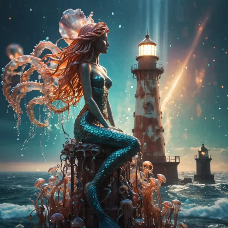 A lone, crystalline statue of a mermaid perched atop a towering, rusted lighthouse, surrounded by a swirling vortex of luminescent jellyfish, hyperrealistic, 4K, cinematic lighting, volumetric lighting, atmospheric effects, dynamic lighting, bokeh effect, soft focus, lens flare, vibrant colors, detailed textures.