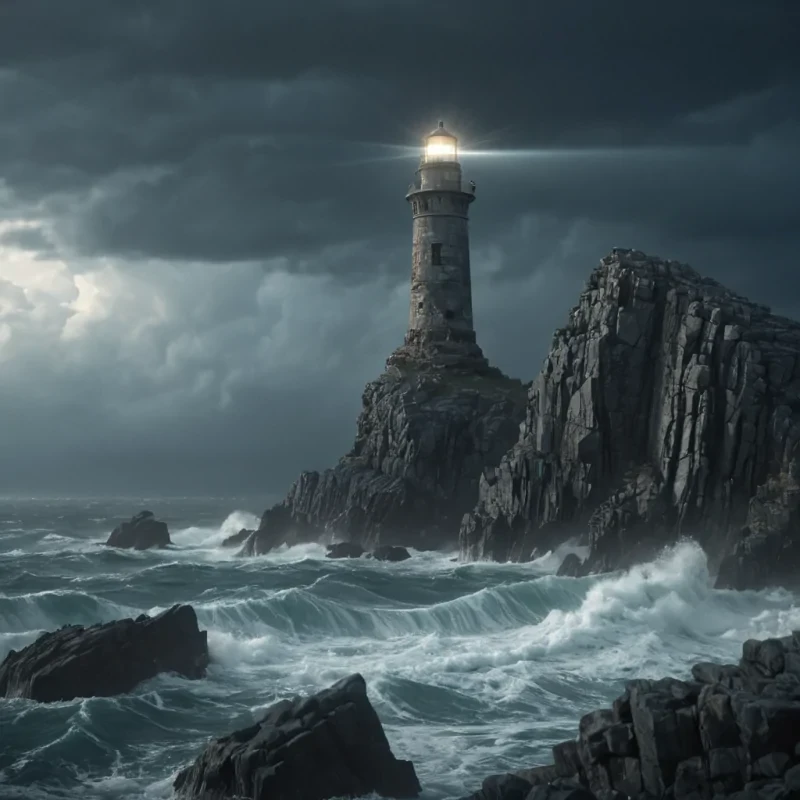 A lone, ancient lighthouse, its weathered stones glowing with an ethereal light, stands atop a towering rock formation amidst a stormy, endless ocean, hyperrealistic, 8K, cinematic lighting, volumetric lighting, atmospheric effects, dynamic lighting, bokeh effect, soft focus, lens flare, deep blues and eerie greys, detailed textures.