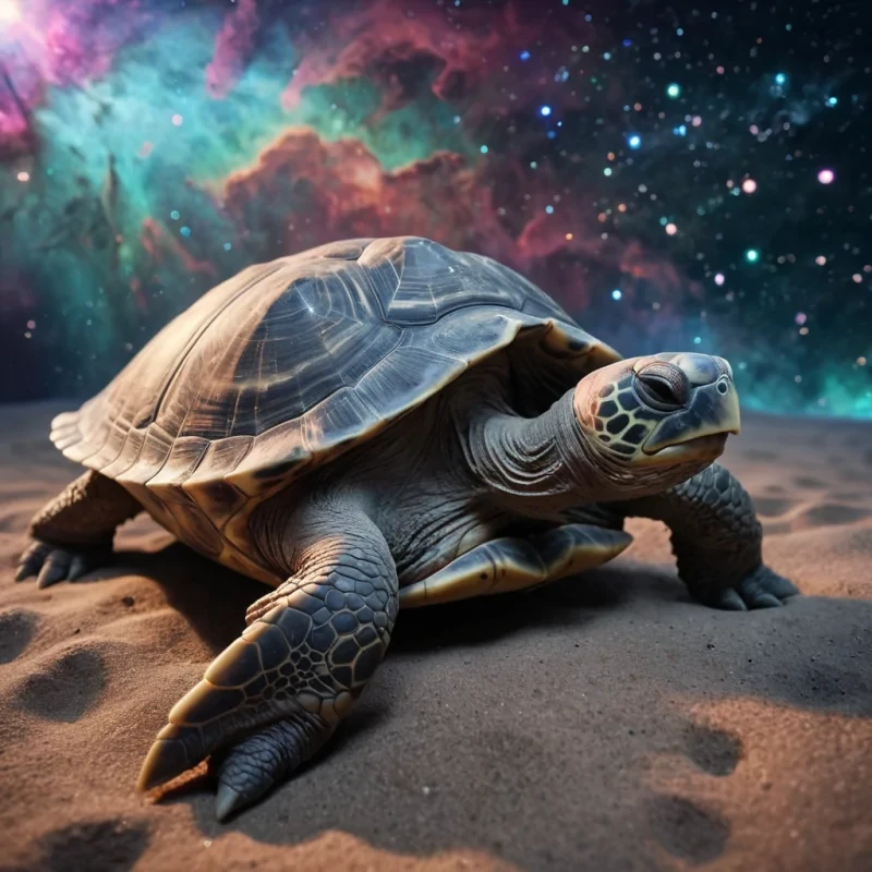 Nebula Nursery A colossal, ancient space turtle, its shell adorned with intricate, hyperrealistic bioluminescent patterns, floats serenely through the Ultra HD expanse of a nebula. The turtles shell, a detailed texture map of vibrant colors and pastel tones, reflects the dynamic, cinematic lighting of the nebulas swirling, atmospheric gases. Volumetric lighting casts dramatic shadows, accentuating the turtles weathered, wrinkled face, its eyes closed in peaceful slumber. Soft focus and lens flare create a dreamlike atmosphere, as tiny, glowing space creatures dance around the turtle, their trails of stardust painting the cosmos with a mesmerizing bokeh effect