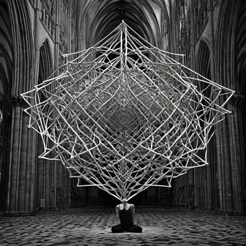 A single, selffragmenting lattice of reversed dreams, shaped like a 7,143dimensional tangle of unformed subconscious and inverted sleep, floats at the center of a vast, inverted cathedral of solidified wakefulness. Each node is woven from the exact moment between an eyelid closing and its refusal to surrender to darkness, a thought drifting into the mind and dissolving into nonimagery, a memory fading at dawn and collapsing into pure, unmeasured nonsleep. The lattice does not sustain dreamsit undreams them, each trembling junction shedding a layer of neural potential that never coalesced into narrative, symbolism, or the weight of being unconscious. As it pulses backward through the cathedrals mirrored spires