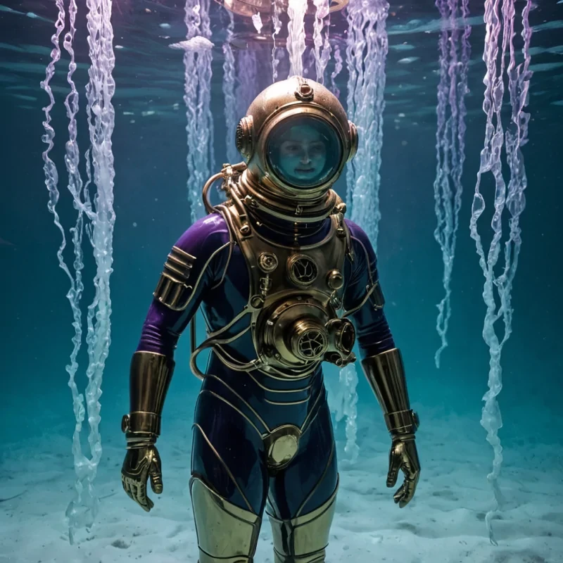 A vertical, eyelevel medium shot of a solitary figure standing on a narrow, suspended walkway made of translucent, frosted acrylic that hovers over a vast, deepsea trench filled with swirling, bioluminescent plankton in shades of electric turquoise and violet. The figure wears a bulky, vintageinspired diving suit constructed from brushed brass plates and thick, ribbed rubber, with a large, spherical glass helmet that reflects the surrounding underwater light. Inside the helmet, the face is obscured by a mask made of polished, white ceramic with intricate gold filigree. Floating around the figure are dozens of small, spherical bubbles filled with liquid nitrogen that glow with a soft, cold blue light, rising slowly towards the surface. The background is a