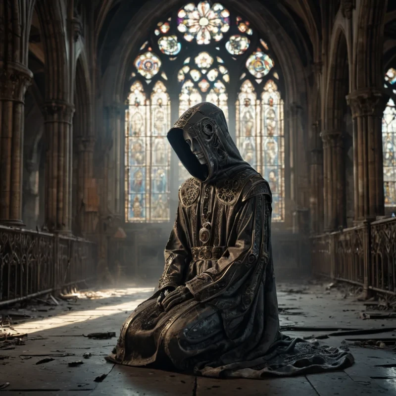 Photorealistic, Ultra HD portrait of a melancholic, sentient automaton, its metallic body adorned with intricate, tarnished filigree, sitting alone in a vast, abandoned cathedral, surrounded by towering, gothic arches and faded, stainedglass windows, with cinematic lighting casting dramatic shadows and emphasizing the intricate, steampunkinspired design, and a subtle, cool bokeh effect creating a sense of isolation and melancholy, as a lone, spectral comet streaks across the night sky, its glowing tail leaving a trail of stardust in its wake, while a spectral, ethereal figure, cloaked in a tattered, hooded robe, stands silently at the edge of