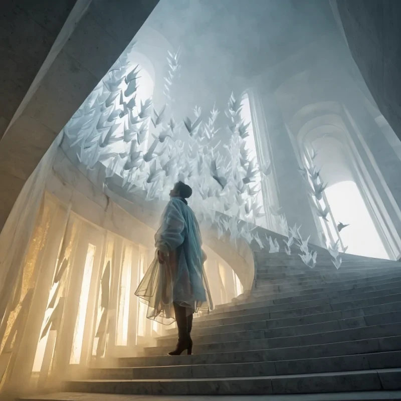 A vertical, lowangle shot of a monumental, crystalline staircase spiraling upward into a dense, foggy mist composed of floating, translucent origami cranes made of frosted acrylic. The stairs are constructed from seamless blocks of white marble veined with gold leaf, each step emitting a soft, warm pulse of light that fades as it ascends. In the foreground, a figure wearing a structured, avantgarde coat made of layered, iridescent silk stands on the lower steps, looking up, their silhouette sharply defined against the glowing mist. The lighting is dramatic and cinematic, with volumetric rays piercing through the fog from above, creating a sense of infinite ascent and ethereal silence. The image features ultrasharp focus on the textures