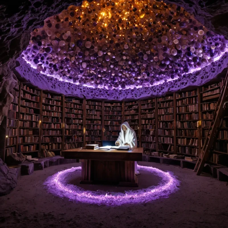 A hyperrealistic, eyelevel wide shot of a subterranean library carved into the walls of a massive, circular geode cavern, where the shelves are formed from layers of crystalline amethyst and quartz. Instead of books, the shelves hold thousands of glowing, spherical orbs made of swirling liquid mercury, each containing a miniature, rotating hologram of a distinct geometric shape in vibrant neon hues. The air is thick with a fine, luminous dust that catches the soft, amber light emitted from recessed niches in the cavern ceiling. In the foreground, a solitary figure wearing a long, flowing robe woven from optical fiber cables sits at a floating desk made of smooth, dark slate, intently studying a large, open tome bound in ir