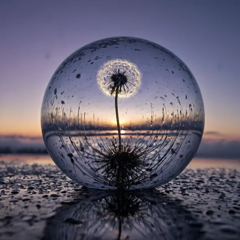 A single, suspended dandelion made of solidified static and woven moonlight floats in the center of a vast, inverted sky of liquid glass, its seeds not airborne but anchored in place by threads of reversed gravity, each seed a tiny, pulsating sphere of compressed silence that emits a faint, harmonic hum when touched by a breath from the future. The sky is not blueit is a deep, iridescent violet, rippling with the afterimage of a sunrise that never happened, its surface cracked in geometric patterns that reflect not the ground, but the shape of a smile held too long. Below, the ground is not earthit is a mirror of infinite depth, reflecting not the sky, but the exact moment a child laughed at a