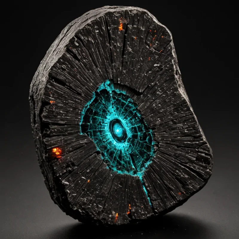 A hyperdetailed, lowkey studio photograph of a massive, vertical slice of raw, unpolished meteorite core, standing upright on a seamless matte black surface. The stone is jagged and irregular, composed of dark, metallic ironnickel alloys with intricate Widmansttten patterns visible in the polished crosssections, glowing with a faint, internal amber heat. Wrapped tightly around the center of the meteorite is a complex, spiraling coil of thick, insulated copper wire, oxidized to a vibrant, electric turquoise, with small, glowing red LED indicators embedded at regular intervals. From the base of the coil, thin, translucent fibers of optical fiber emerge, spreading out like roots across the black floor, each tip pulsing with a