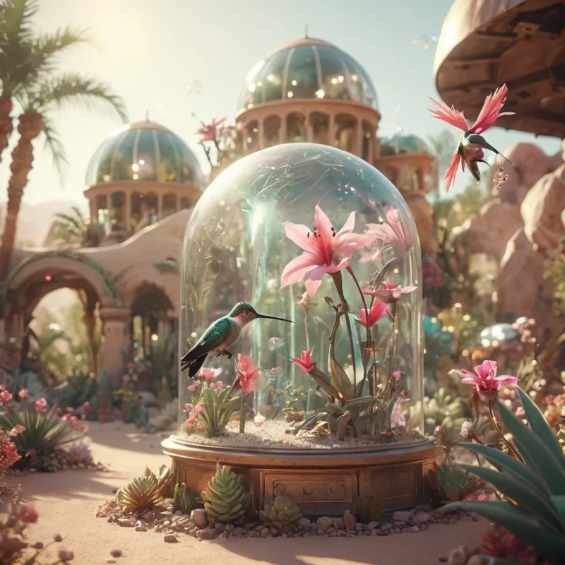 A desert oasis with glass domes housing lush gardens, where mechanical hummingbirds pollinate flowers, hyperrealistic, 4K, cinematic lighting, volumetric lighting, atmospheric effects, dynamic lighting, bokeh effect, soft focus, lens flare, pastel tones, detailed textures.