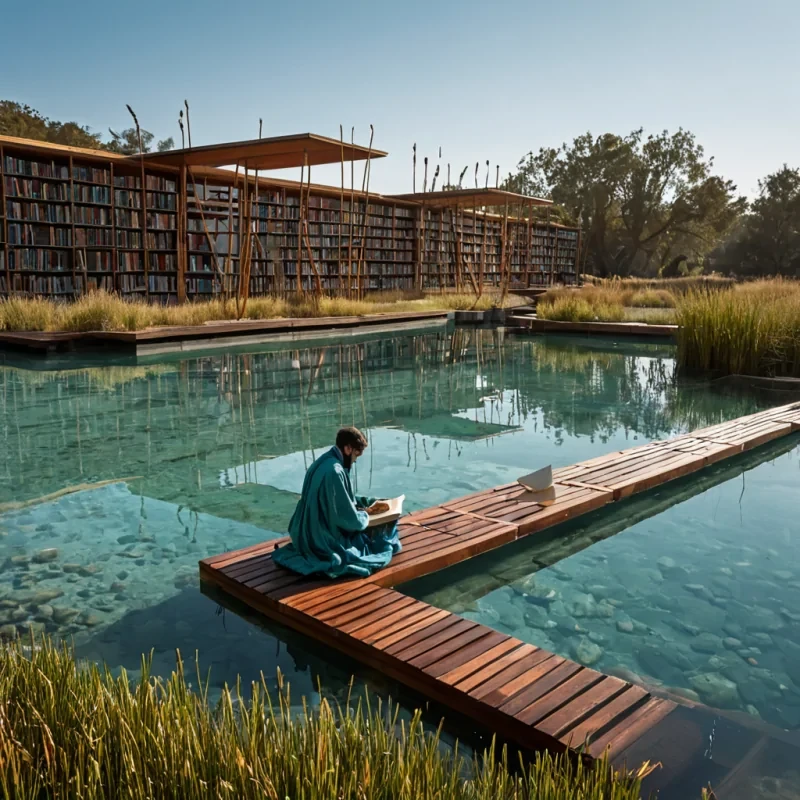 A horizontal, eyelevel wide shot of a sprawling, openair library constructed from seamless, translucent amber resin and warm, polished teak wood, nestled within a calm, shallow lagoon of crystalclear turquoise water. The library features low, floating platforms connected by slender, arching bridges of woven reeds and copper wire, where ancient, leatherbound books with embossed silver titles rest on floating pedestals. In the center, a lone scholar wearing a flowing, indigodyed linen robe with intricate white geometric embroidery sits crosslegged on a mosscovered stone, reading a glowing, holographic scroll that projects a soft, golden light. The surrounding water reflects the clear blue sky and the warm tones of the structure, while schools of small, silver