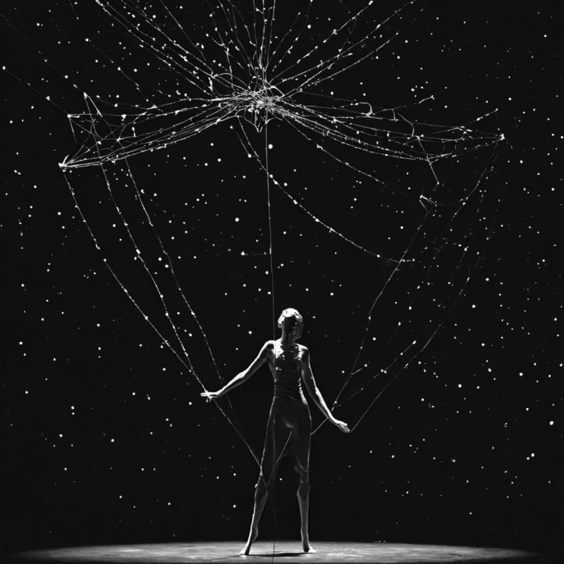 A single, selfrewriting constellation of inverted syntax, shaped like a 513dimensional knot of unformed grammar and reversed narrative logic, pulses at the center of a vast, inverted theater of solidified silenceeach curtain frozen middraw at the exact moment between a line being delivered and its refusal to be heard, a character stepping onto stage and dissolving into nonembodied shadow, a spotlight flickering and unraveling into nonilluminated darkness. The constellation does not tellit untells, each shimmering node shedding a layer of storytelling potential that never coalesced into a shared plot, reforming into ephemeral, amethystthreaded afterimages shaped like the negative space between two mouths that never spoke the