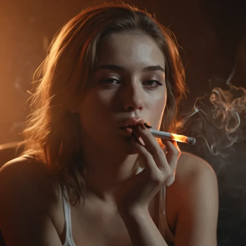 A realistic young woman sitting casually. She raises a cigarette to her lips, inhales, and the cigarette tip glows bright orange. She exhales slowly, a stream of smoke flowing from her lips. realistic cinematic lighting  slow, natural movement  high detail face and hands