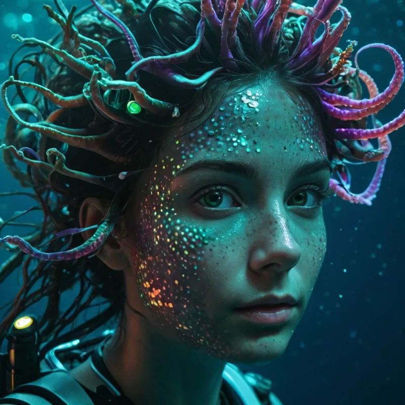 A hyperrealistic, 4K, ultra HD portrait of a deepsea diver, her skin glistening with the iridescent hues of a bioluminescent coral reef. The divers eyes, a deep, enigmatic emerald, hold the secrets of a thousand oceanic depths. Her hair, a cascade of shimmering, holographic aquatic flora, gently pulses with each beat of her mermaidlike heart. The background is a surreal, hightech observatory filled with floating, selfassembling hydrophones and the soft glow of quantum sonar devices. Cinematic lighting accentuates the divers otherworldly beauty, while a subtle bokeh effect blurs the neonlit abyss, creating an intimate, focused atmosphere.