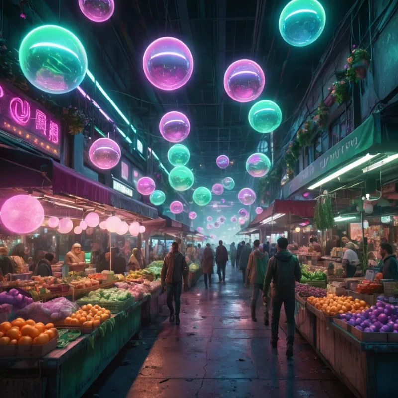 A cybernetic market where vendors sell floating, iridescent orbs that reveal glimpses of alternate realities, hyperrealistic, 4K, cinematic lighting, volumetric lighting, atmospheric effects, dynamic lighting, bokeh effect, soft focus, lens flare, neon greens and electric pinks, detailed textures.