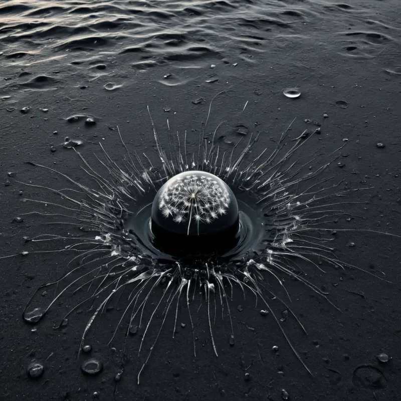 A single, obsidianblack dandelion blooms in the center of a frozen, geometric ocean on a moon that orbits a black hole, its seeds not carried by wind but by the slow, outward ripple of a single, perfect silence that emanates from its core. Each seed is not fluffyit is a solidified whisper, a moment of breath held just before a word was about to be spoken, compressed into a perfect, crystalline sphere that pulses with a faint, subsonic resonance. The ocean is not waterit is a vast, still field of liquid time, frozen midflow, its surface etched with the inverted topography of every decision ever avoided, every path never taken, each ripple a ghostly contour of a future that