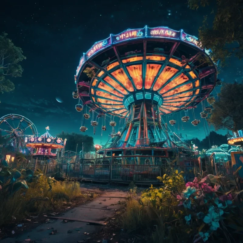 A vast, abandoned amusement park on a distant alien world, the rides and attractions overgrown with luminescent, bioluminescent flora, under a twinmoonlit sky, hyperrealistic, ultra HD, cinematic lighting, volumetric lighting, atmospheric effects, bokeh effect, lens flare, vibrant colors, detailed textures.
