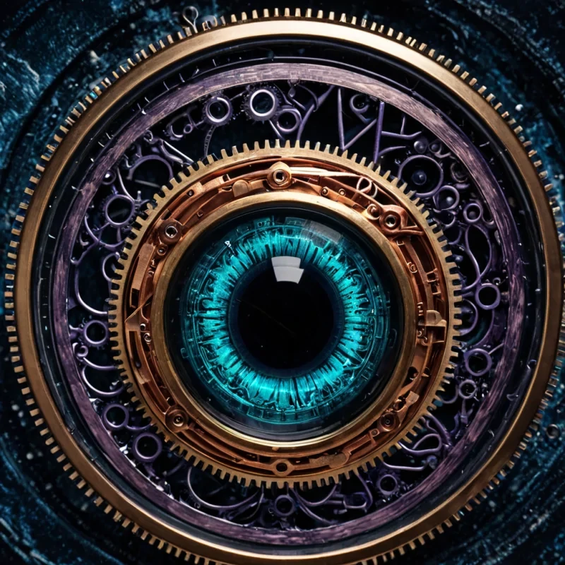 A macro, extremecloseup perspective of a single, oversized mechanical eye constructed from interlocking brass gears, polished obsidian lenses, and delicate copper filaments, set against a backdrop of deep, velvety midnight blue. The iris is a complex aperture mechanism made of translucent, amberhued resin, through which tiny, glowing embers float like suspended stars. Surrounding the central orb are concentric rings of etched silver metal, each inscribed with microscopic, glowing runic symbols in varying shades of electric violet and teal. The lighting is dramatic and directional, casting sharp, highcontrast shadows that emphasize the intricate textures of the metal and the smooth, glassy surface of the lens. The composition is symmetrical and hypnotic, rendered