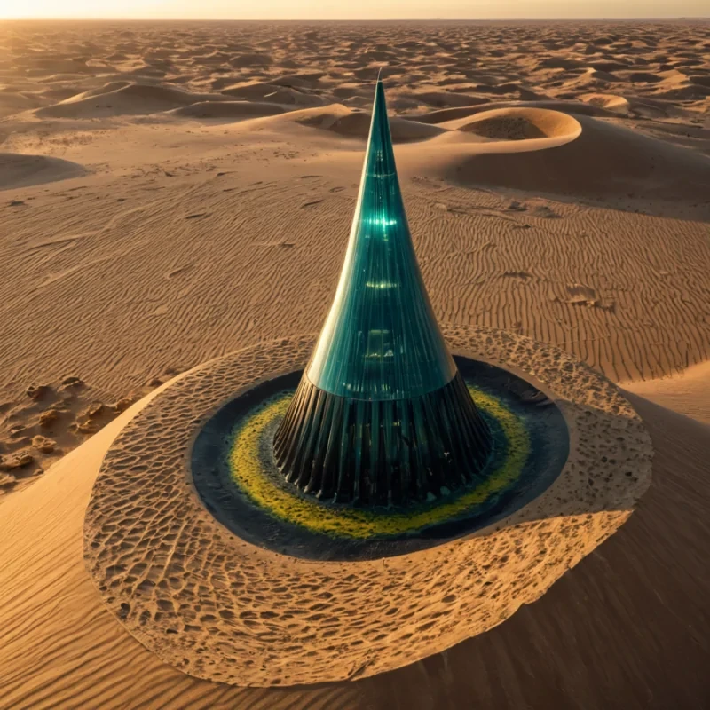 A sweeping, birdseye view of a vast, arid desert landscape where the sand dunes are sculpted into massive, concentric terraces resembling a colossal acoustic amplifier cone. At the center of this geological structure stands a towering, monolithic spire crafted from polished obsidian and embedded with vertical strips of bioluminescent algae that pulse in rhythmic waves of teal and amber. The spire is connected to the surrounding dunes by delicate, suspended bridges made of woven carbon fiber and translucent resin, across which small, autonomous cargo drones glide silently, their undercarriages glowing with soft white light. The scene is bathed in the warm, golden light of a setting sun, casting long, dramatic shadows that emphasize the texture of the