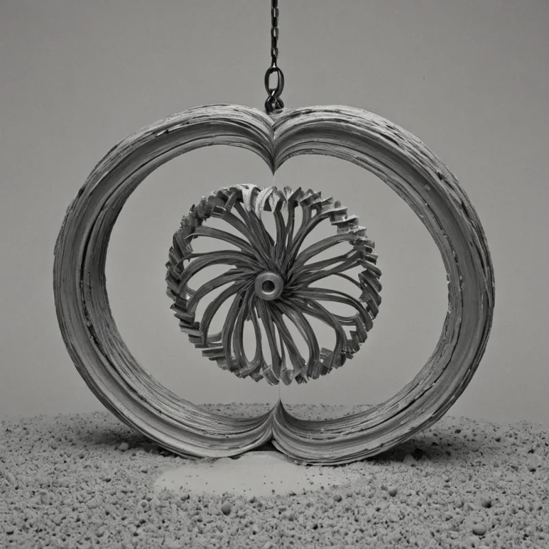 A single, selfrewriting filament of reversed time, shaped like a 473dimensional Mbius strip of unformed chronology and inverted causality, loops endlessly at the center of a vast, inverted clocktower of solidified stasiseach gear carved from the exact moment between a second ticking and its refusal to pass, a pendulum swinging and dissolving into nonsequential dust, a hand moving and collapsing into pure, unmeasured stillness. The filament does not progressit unprogresses, each twisting edge shedding a layer of temporal potential that never coalesced into a shared future, reforming into ephemeral, topazthreaded afterimages shaped like the negative space between two wrists that never touched to synchronize