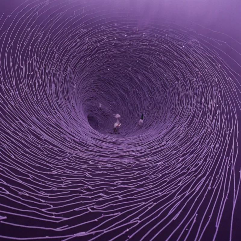 A single, selfoscillating filament of reversed gravity pulses through the core of a floating, inverted marketplace built entirely from the thermal afterimage of a thousand untraded secrets that never passed between hands in a world that never trusted the weight of silence. The filament does not pullit unpulls, each pulse dissolving a moment of exchange into its original intangibility, releasing a wave of negative mass that fractures the fabric of commerce into a drifting mist of deep violet, geometric coinage, each one etched with the chromatic echo of a name that never trembled across the counter of a stall that never opened. The markets stalls are not arrangedthey spiral inward like the memory of a transaction that never completed, each vendor a