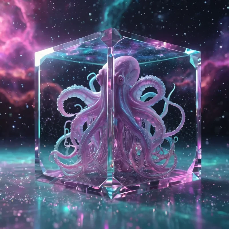 Hyperrealistic neon krakens with reflective metallic tendrils entwining in a cubic crystal chamber under a nebula sky, holographic droplets shimmering in volumetric lighting, dynamic shadows, bokeh effect, pastel tones, 4K