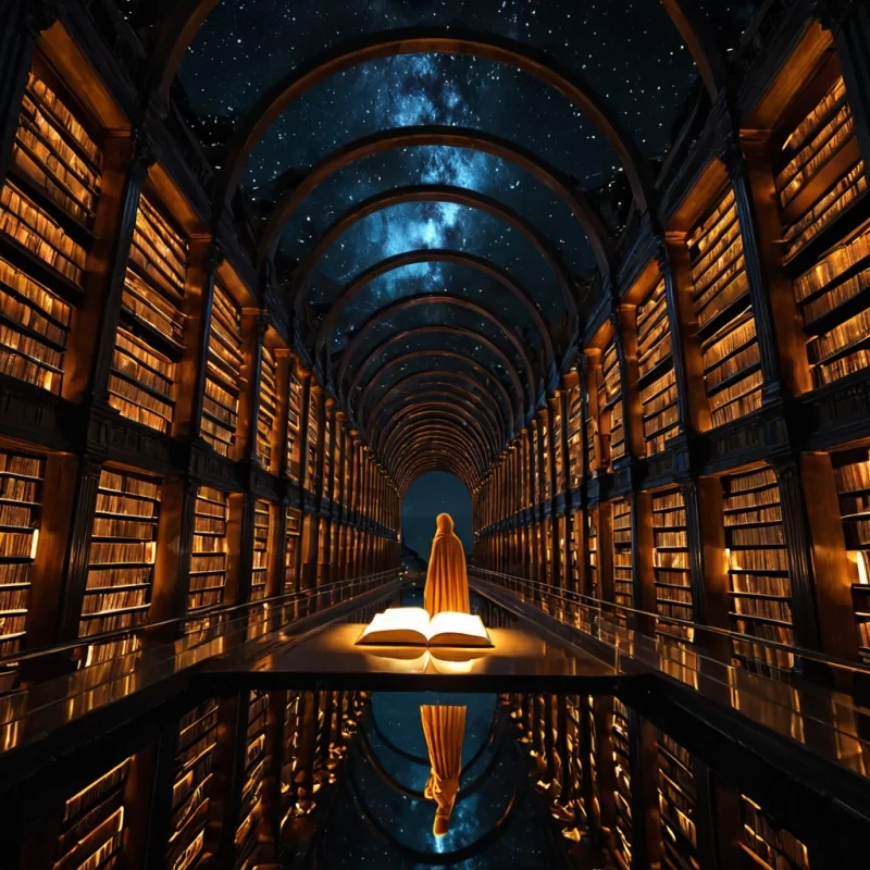 A cinematic, lowangle wide shot of a colossal, suspended library constructed entirely from interlocking, translucent amber blocks that glow with a warm, internal amber light, floating above a vast, silent expanse of dark, mirrorstill obsidian water. The architecture is defined by impossible, gravitydefying arches and spiraling staircases made of polished, silverchrome metal that reflect the amber hues and the starry night sky above. In the center of the frame, a solitary figure dressed in a sleek, highcollared cloak of iridescent, shifting fabric stands on a narrow, floating bridge of light, reaching out to touch a single, drifting book page made of glowing, liquid gold that spirals upward into the darkness. The