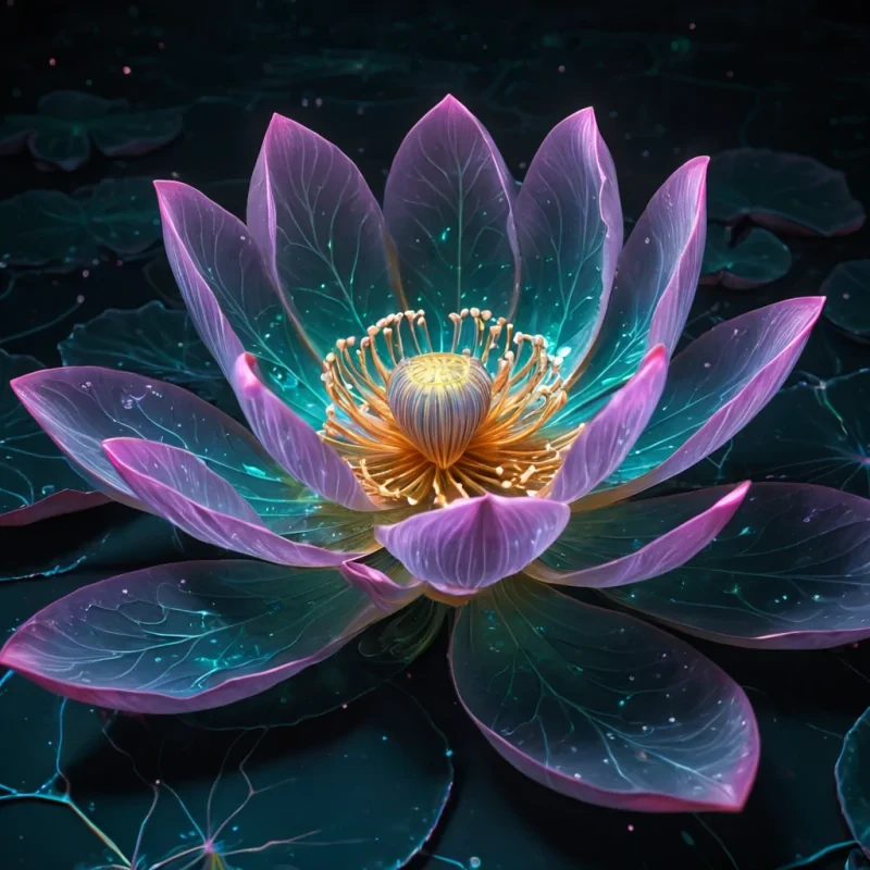 Photorealistic, titanic, opalescent, lotus blooms, their hyperrealistic, 4K, velveteen petals unfurling ultra HD, bioluminescent, quantum ecosystems. Volumetric lighting from unseen, pulsating, quantum hearts etches the blooms ethereal, fractal form, casting intricate, dynamic, bioluminescent shadows on the inverted, reflective void. Cinematic lighting bathes the scene in vibrant, otherworldly hues, with lens flare emphasizing the blooms central, radiant, throbbing, opalescent hearts, pulsating with captive, artificial, quantum energy.