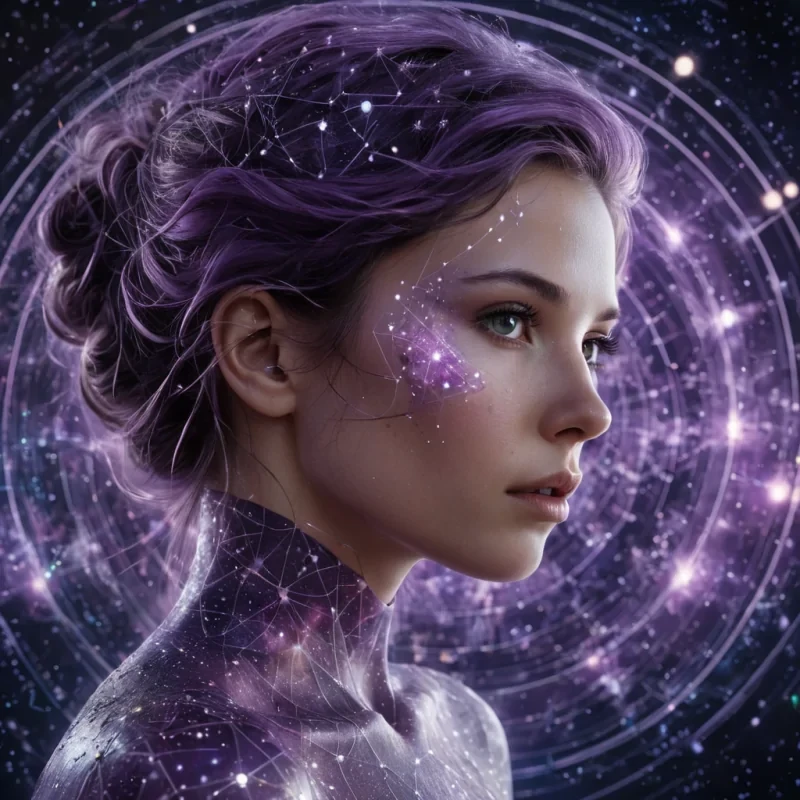 A hyperrealistic, 4K, ultra HD portrait of a cosmic cartographer, her skin etched with the intricate lines of constellations. The cartographers eyes, a deep, enigmatic amethyst, hold the secrets of a thousand celestial maps. Her hair, a cascade of shimmering, holographic stars, gently pulses with each beat of her astral heart. The background is a surreal, hightech observatory filled with floating, selfassembling telescopes and the soft glow of quantum spectrometers. Cinematic lighting accentuates the cartographers otherworldly beauty, while a subtle bokeh effect blurs the neonlit cosmos, creating an intimate, focused atmosphere.