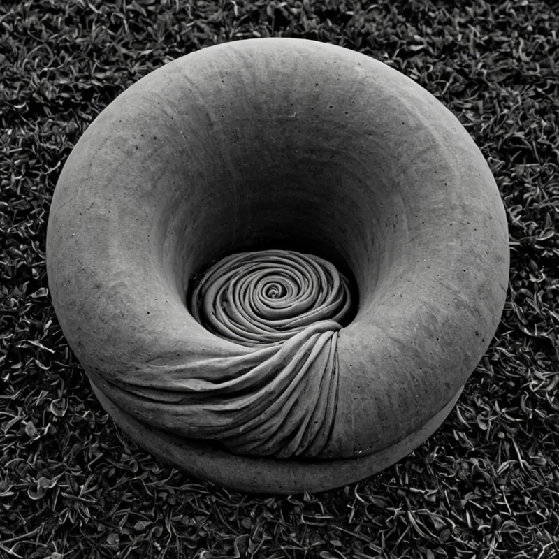 A single, selfrewriting knot of reversed silence, shaped like a 2,317dimensional hypertorus of unformed stillness and inverted resonance, pulses at the center of a vast, inverted garden of solidified breatheach petal carved from the exact moment between a sigh escaping and its refusal to be heard, a whisper forming and dissolving into nonaudible mist, a breath held and collapsing into pure, unmeasured void. The knot does not contain silenceit uncontains it, each twisting loop shedding a layer of potential sound that never coalesced into shared vibration, reforming into ephemeral, jadeveined afterimages shaped like the negative space between two lips that never parted to speak the uns.