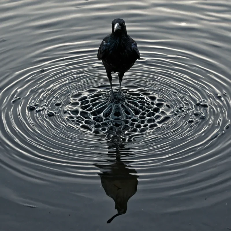A single, selfreflecting fractal of inverted stillness, shaped like a 19,307dimensional lattice of unformed equilibrium and reversed stability, pulses at the center of a vast, inverted lagoon of solidified liquid time  each ripple carved from the exact moment between a drop falling into water and its refusal to disturb the surface, a wave cresting and dissolving into nonfluid motion, a ravens reflection in a puddle collapsing into pure, unmeasured nonmirroring. The fractal does not reflect light  it unreflects it, each branching filament shedding a layer of optical potential that never coalesced into visible symmetry, reforming into ephemeral, silverveined afterimages shaped like