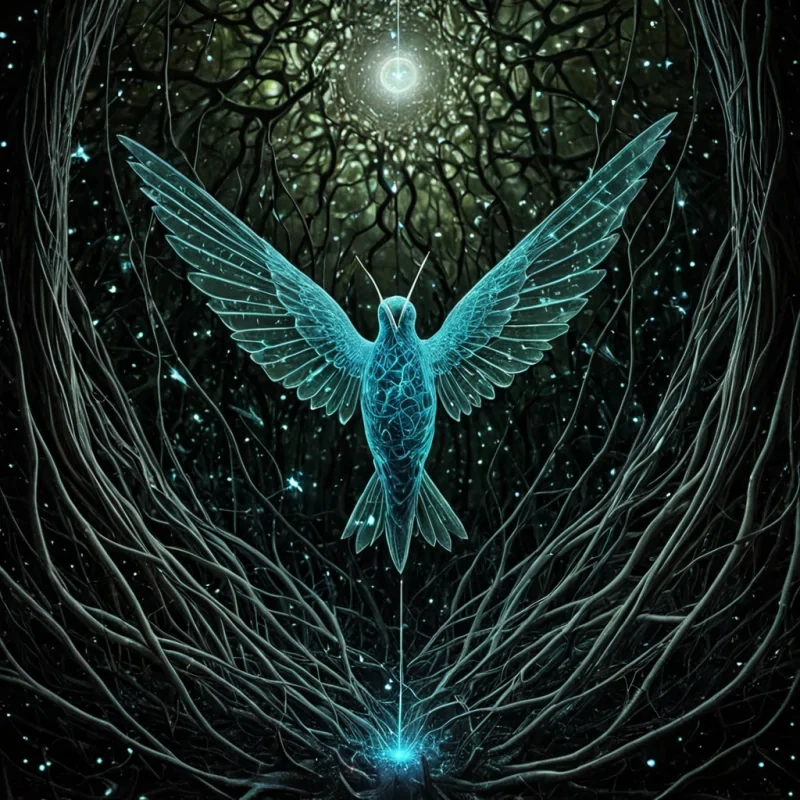 A single, iridescent hummingbird made of woven, selfrepairing silence and solidified moonlight hovers in the center of a vast, inverted forest of glass roots, its wings not translucent but composed of shimmering, fractalized fragments of forgotten lullabies. The bird does not flyit pulses, its body resonating with a low, harmonic vibration that emits faint, visible ripples in the air, each one forming the shape of a word that was never spoken but was felt in the silence between heartbeats. Its eyes are not organs, but two tiny, rotating black holes that absorb the emotional frequency of every unspoken thought, rendering them as fleeting, bioluminescent constellations that bloom and fade like