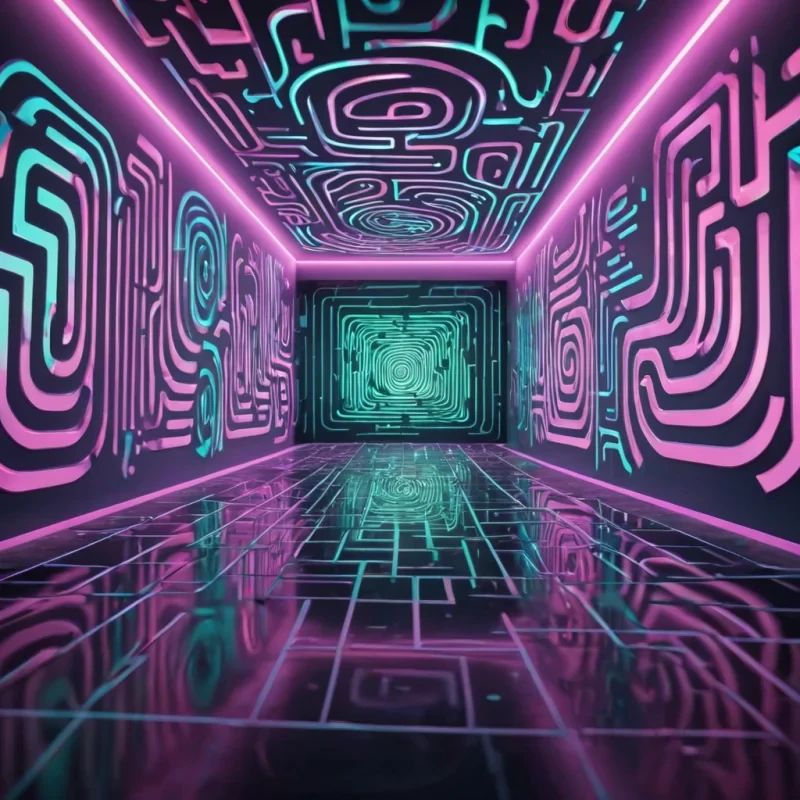 Hyperrealistic neon labyrinth under the aurora, reflective metallic walls with swirling holographic patterns, volumetric lighting, dynamic shadows, soft focus, pastel tones, 4K