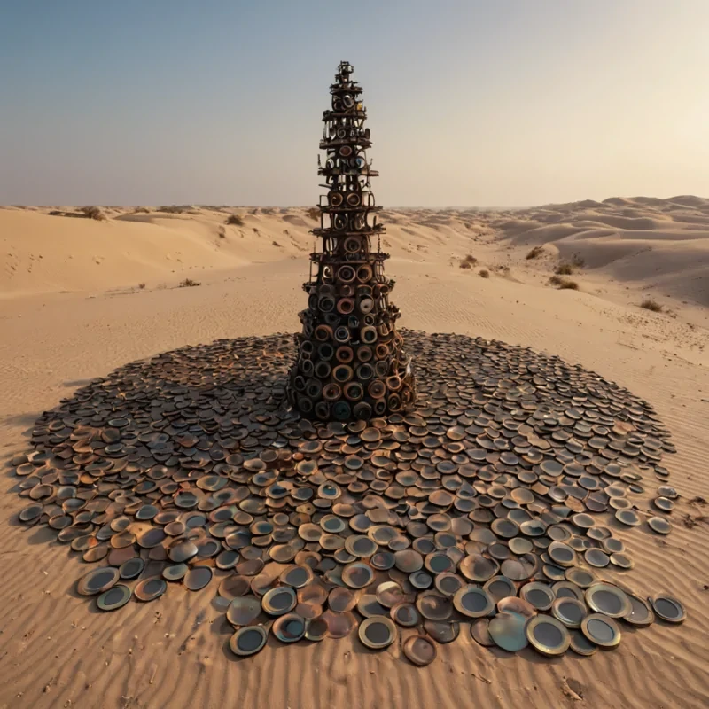 A hyperrealistic, wideangle shot of a vast, desertlike expanse composed entirely of millions of discarded, translucent vinyl records arranged in a seamless, undulating dune landscape under a pale, milky sun. The surface shimmers with iridescent rainbows as the grooves catch the light, creating a textured, glittering field that stretches to the horizon. Rising from the center is a solitary, massive sculpture constructed from interlocking, rusted iron cogs and brass pipes, forming a skeletal tower that emits a soft, warm amber glow from its hollow core. Surrounding the base are scattered, weathered vinyl sleeves in faded pastel colors, acting as windblown debris. The atmosphere is hazy and dry, with fine dust